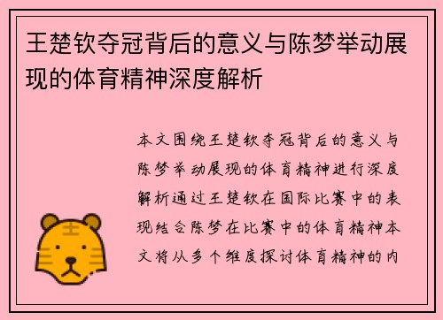 王楚钦夺冠背后的意义与陈梦举动展现的体育精神深度解析 王楚钦夺冠背后的意义与陈梦举动展现的体育精神深度解析