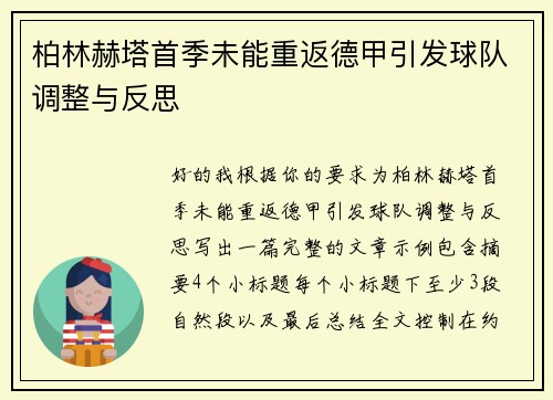 柏林赫塔首季未能重返德甲引发球队调整与反思