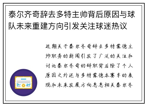 泰尔齐奇辞去多特主帅背后原因与球队未来重建方向引发关注球迷热议